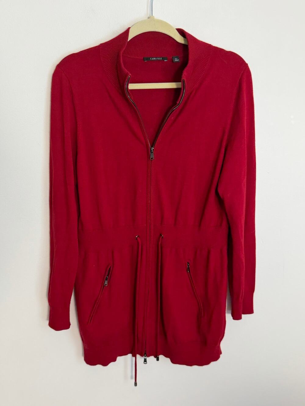 Carlisle Cinch waist red Zip Front sweater/cardigan size large